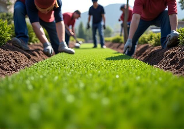 Jungle Life Landscape crew diligently laying fresh rolls of sod on a property