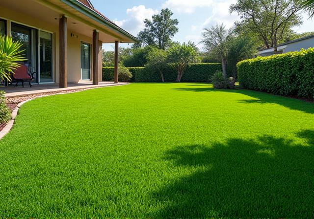 Newly installed lush green sod in a Florida backyard