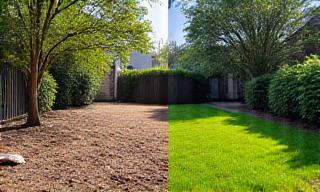 Before and after of a yard cleanup, with debris removed